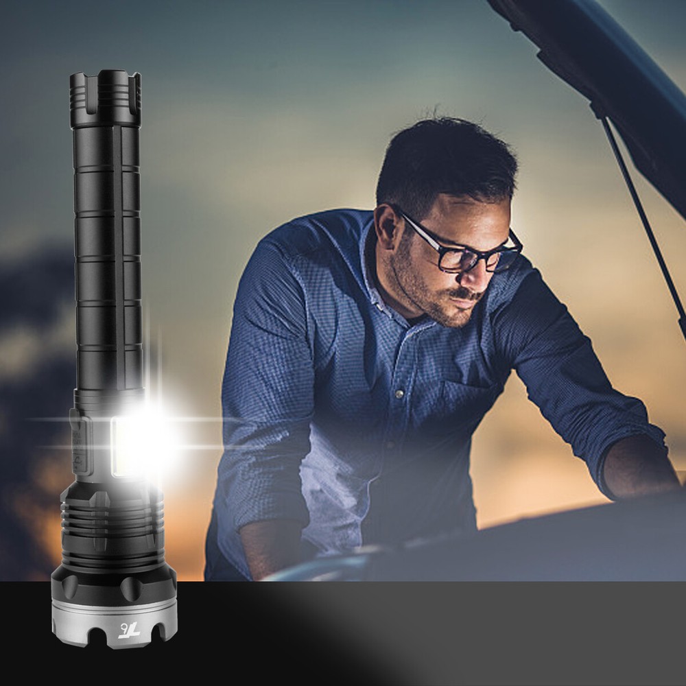 Super Bright XHP90 LED+COB Tactical Flashlight Rechargeable USB Zoom Torch Light
