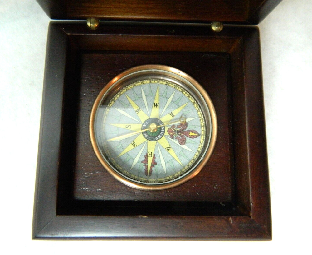 Nautical Brass Compass In Wooden Box. BB5