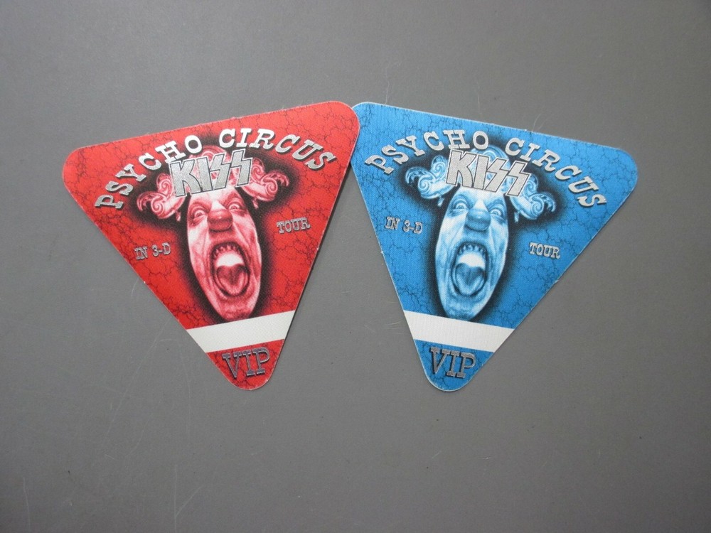 KISS backstage passes 2 satin cloth triangular stickers Psycho Circus AUTHENTIC!