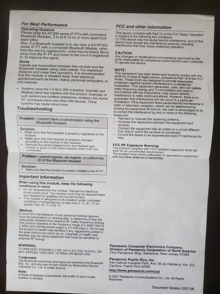 Panasonic KX-NT307 Bluetooth Module New in Box