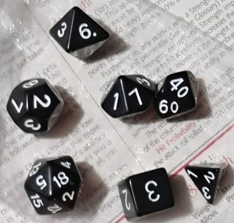 Black Polyhedral Dice Set White Numbers 7pc RPG Dice w Bag
