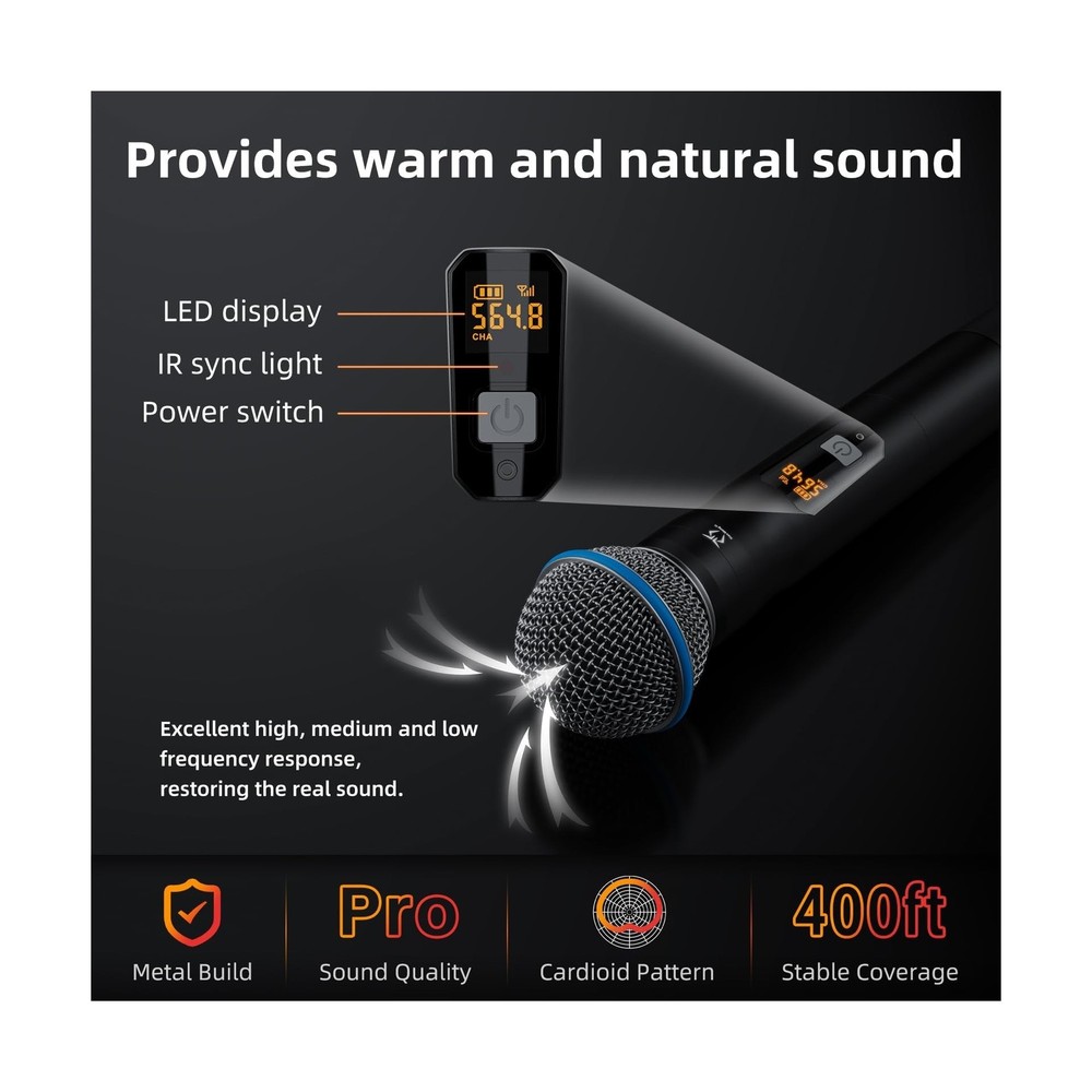 Dual Channel Wireless Microphone System, 2 Handheld Dynamic Mic, 200 UHF Freq...