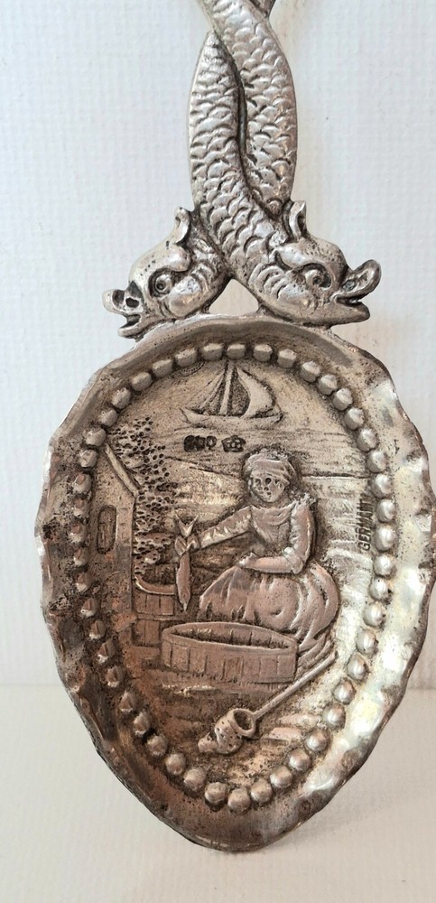 ANTIQUE GERMAN 800 SILVER DRAGON FISH HANDLE TEA CADDY SPOON