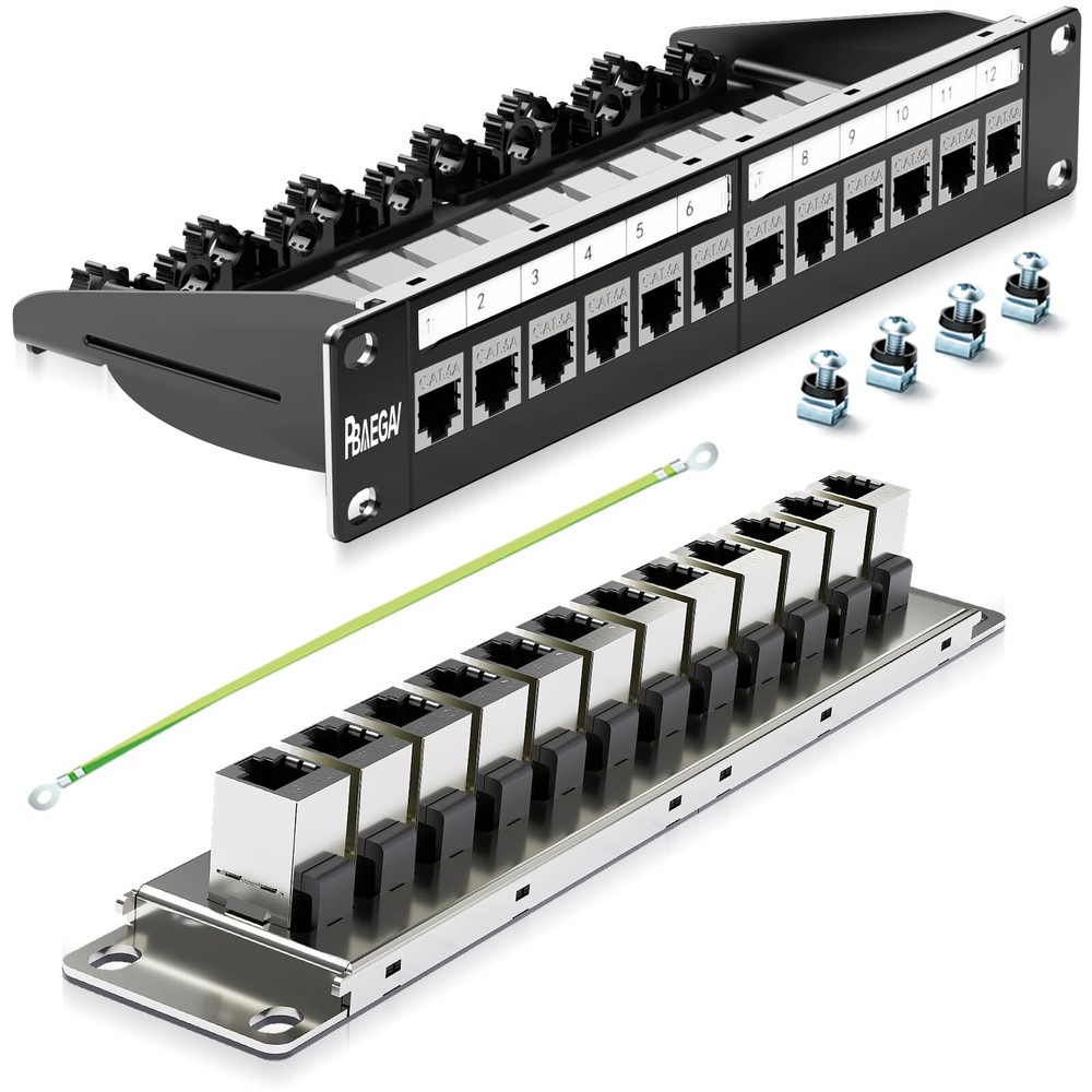Patch Panel 12 Port with 12 Pcs Cat6A Keystone Jack 10G Support with Removabl...