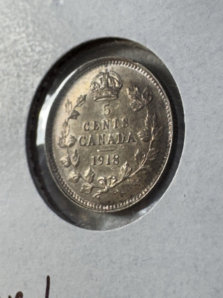 1918 Canada 5 Cents Small Silver Coin Cleaned
