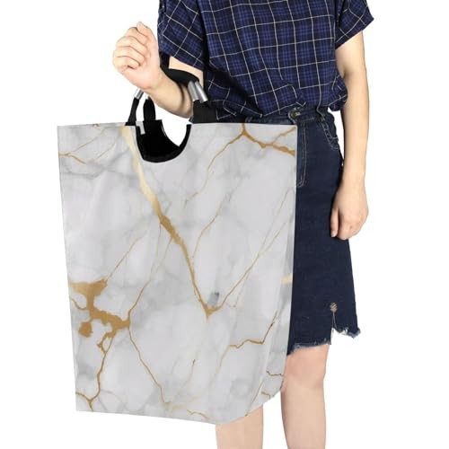White Gold Marble Texture Laundry Basket Collapsible Laundry Hamper with