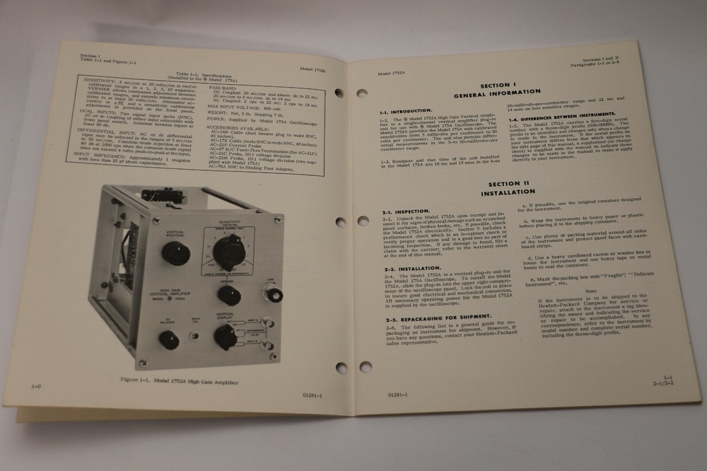 HP 1752A High Gain Vertical Amplifier OPERATING & SERVICE MANUAL