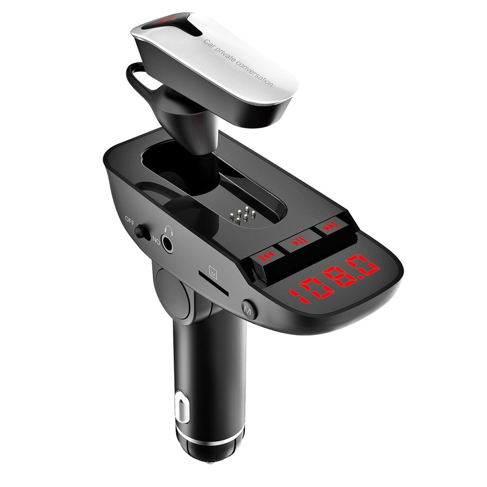 Car FM Transmitter w/ Wireless Earpiece 2 USB Charge Ports Hands-free Call MP3