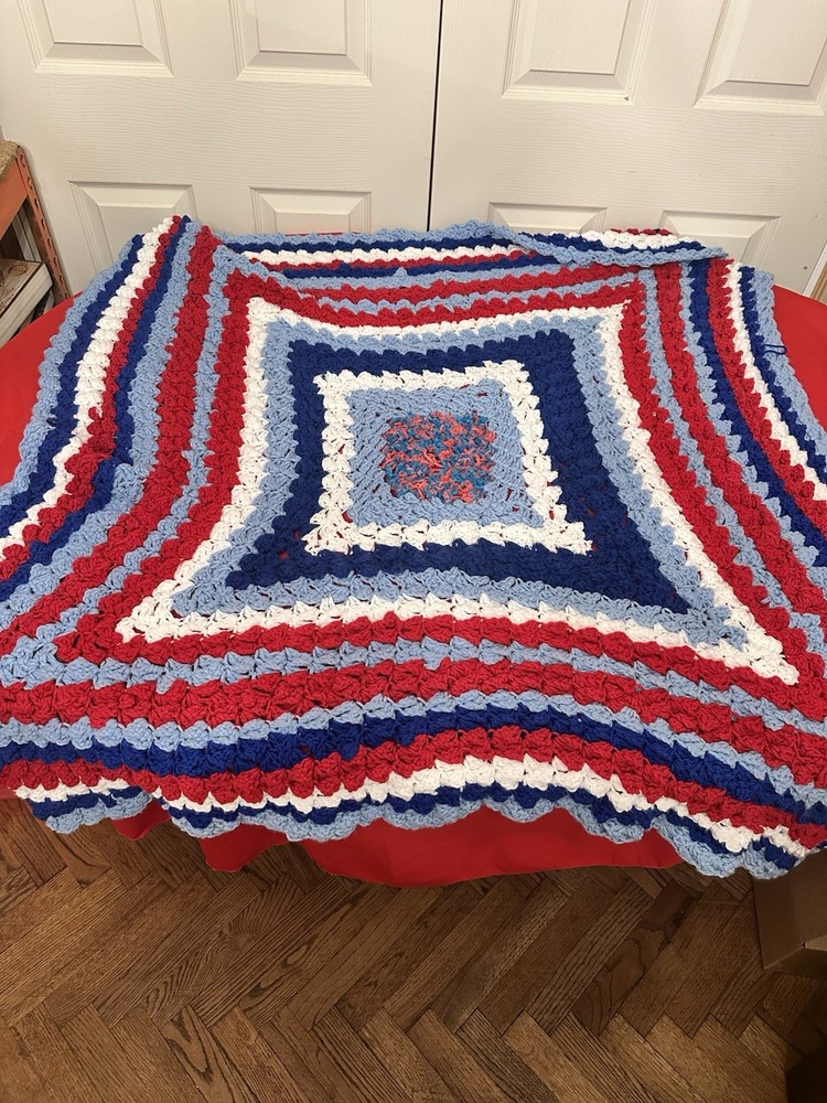 Crocheted Blanket Afghan Red White And Blue Square Pattern Xl