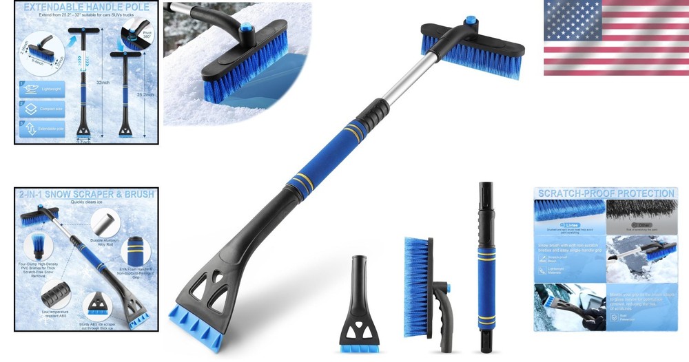 360° Rotating Snow Removal Tool - Heavy-Duty Extendable Ice Scraper for SUVs