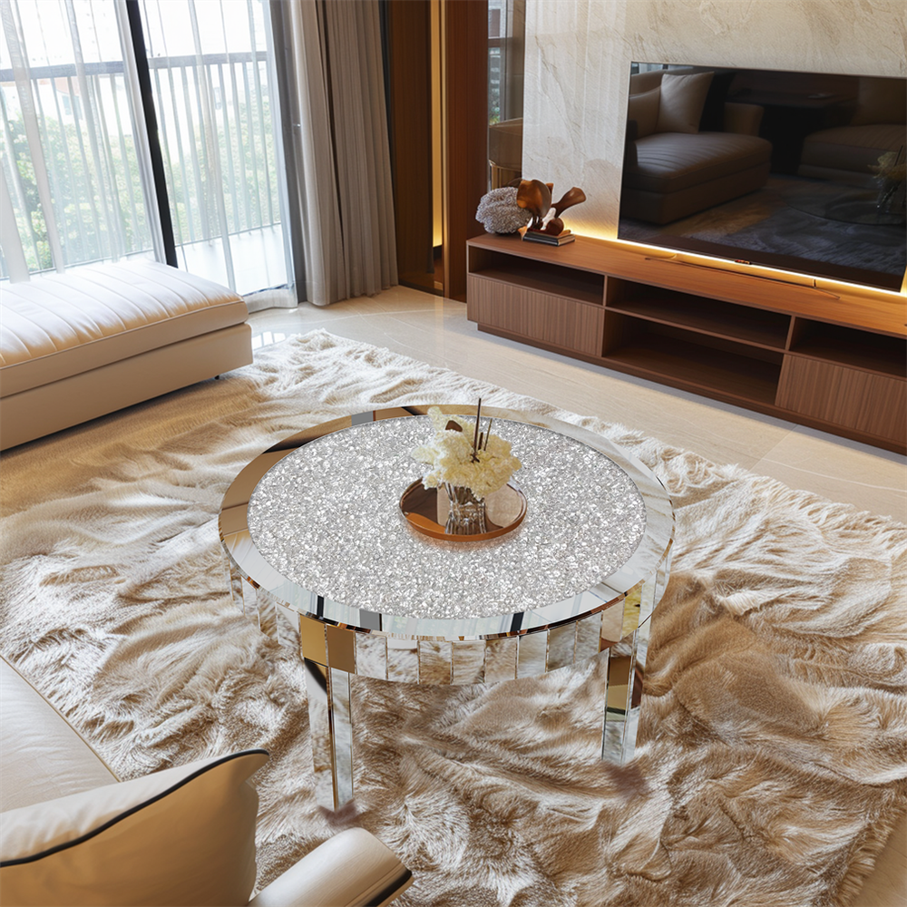 Mirrored Coffee Table Round Silver Accent Beveled Glass Edge Crystal Side Table