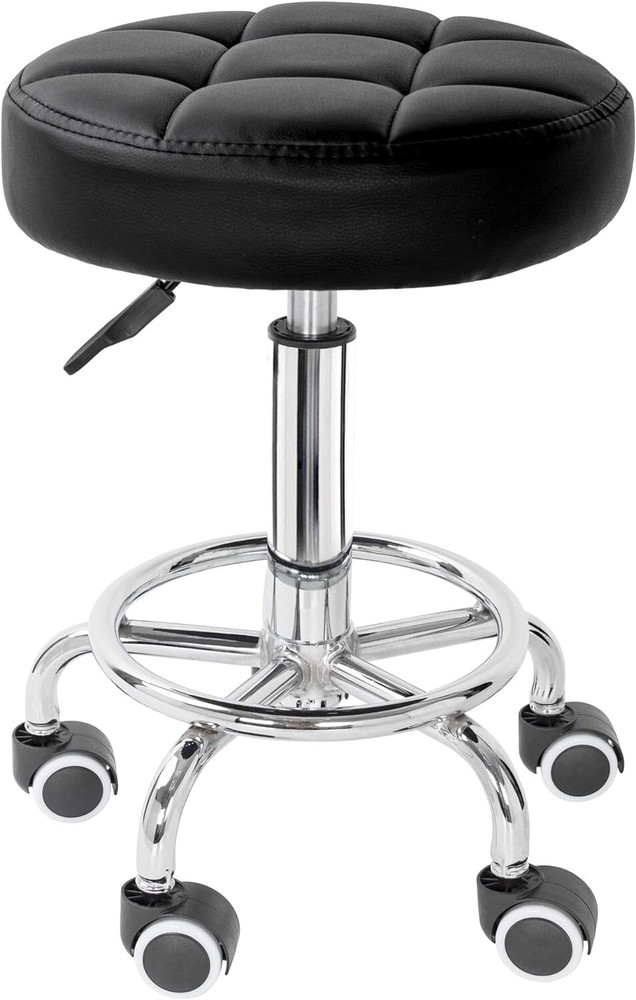 PU Leather Rolling Stool - Height Adjustable Swivel Stool with Foot Rest - Black