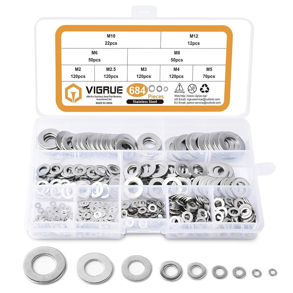 Assorted Flat Washer Hardware Set - 684pcs, 9 Sizes M2-M12, Rust Resistant