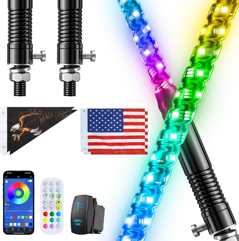2 PCS 3FT Whip Lights with Spring Base, APP & Remote Control Led Whip Lights for