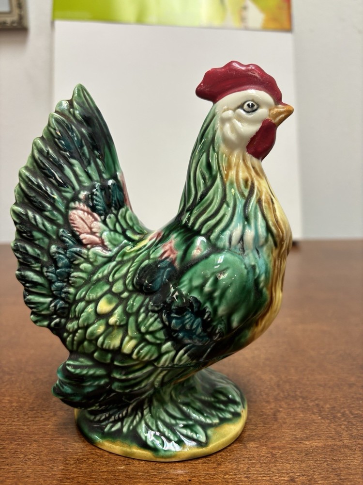 Green Feather Ceramic Rooster Figurine 7” High