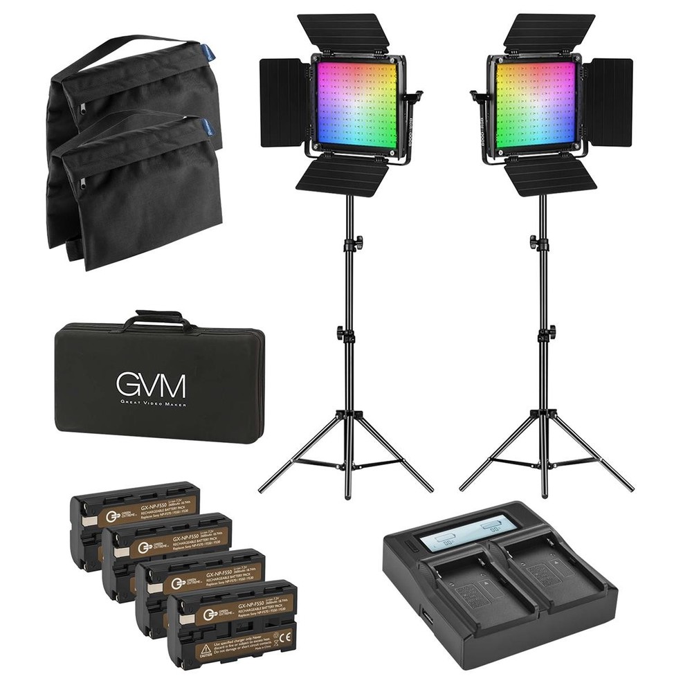 GVM 800D 40W Bi-Color RGB Studio Soft LED Panel 2-Light Kit, Bundle with Green E