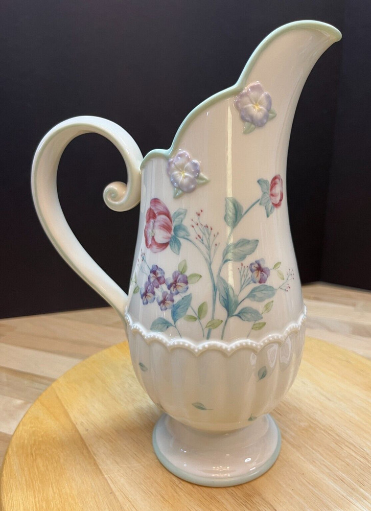 Lenox  Spring Bouquet Pattern Embossed Flowers Ribbed 10" Pitcher 2003