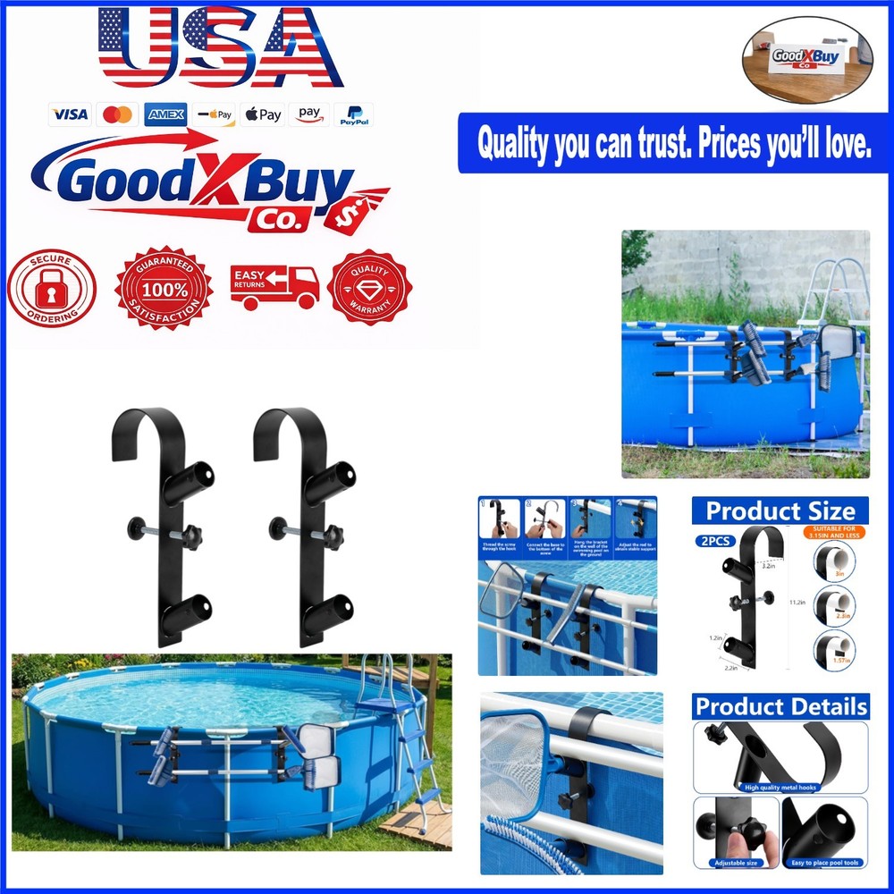 2 Pcs Adjustable Pool Pole Hooks for Above Ground Pools Black Metal Storage H...