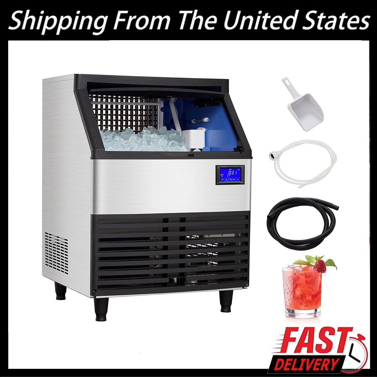 176lbs/24 Hours, Commercial Ice Maker, Ice Maker Machine with 99lbs Storage Bin