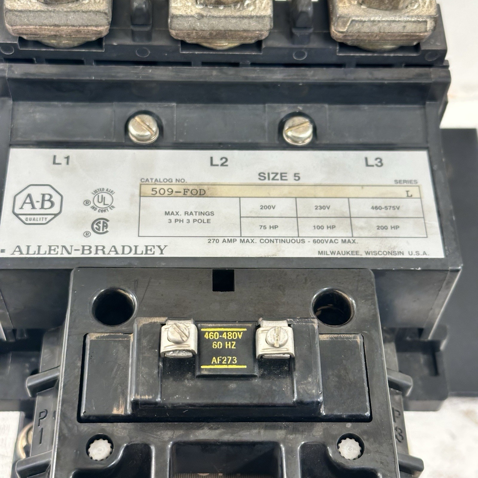 ALLEN BRADLEY SIZE 5 MOTOR STARTER 509-FOD COIL 120 V 200 HP SERIES L 270A