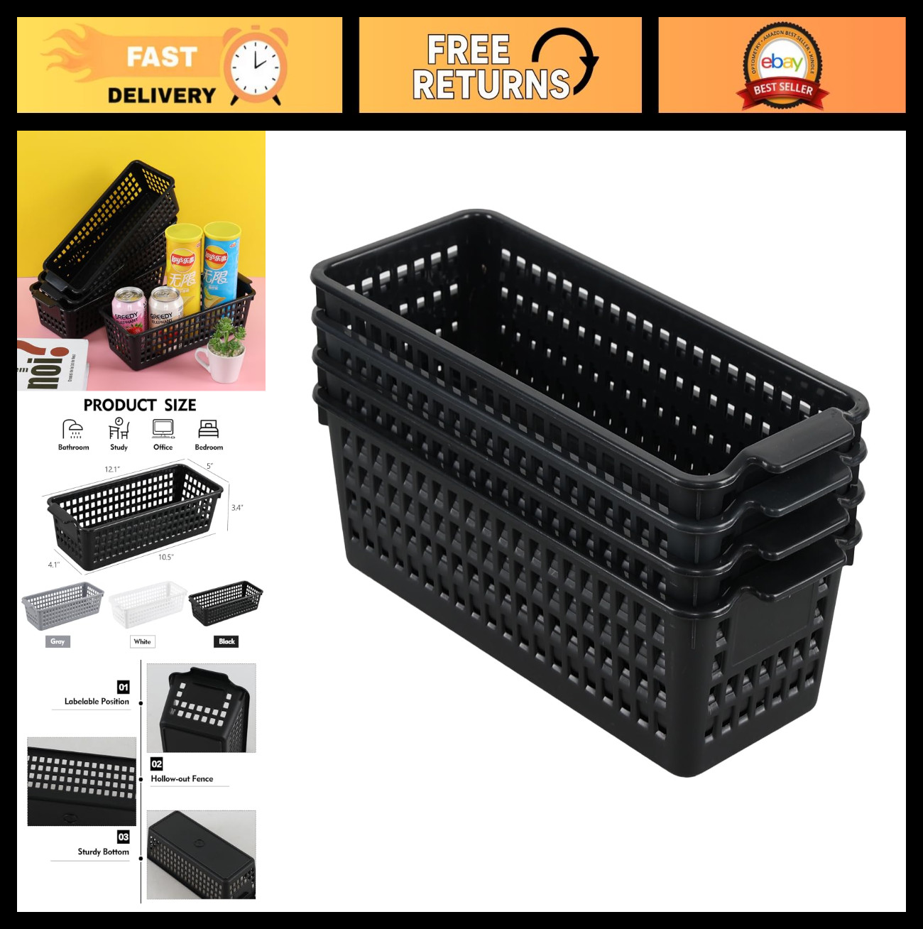 4 Pack Black Narrow Storage Baskets - Multi-Use Small Plastic Organizers