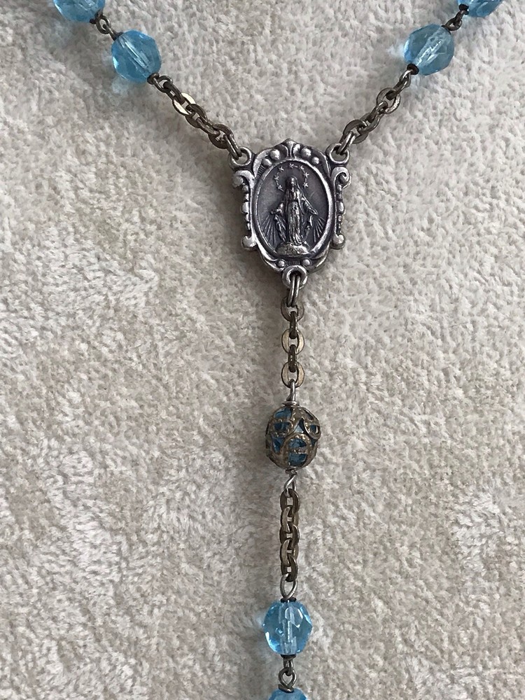 Vintage Blue Catholic Religious Prayer Rosary Beads Cross Crucifix Italy