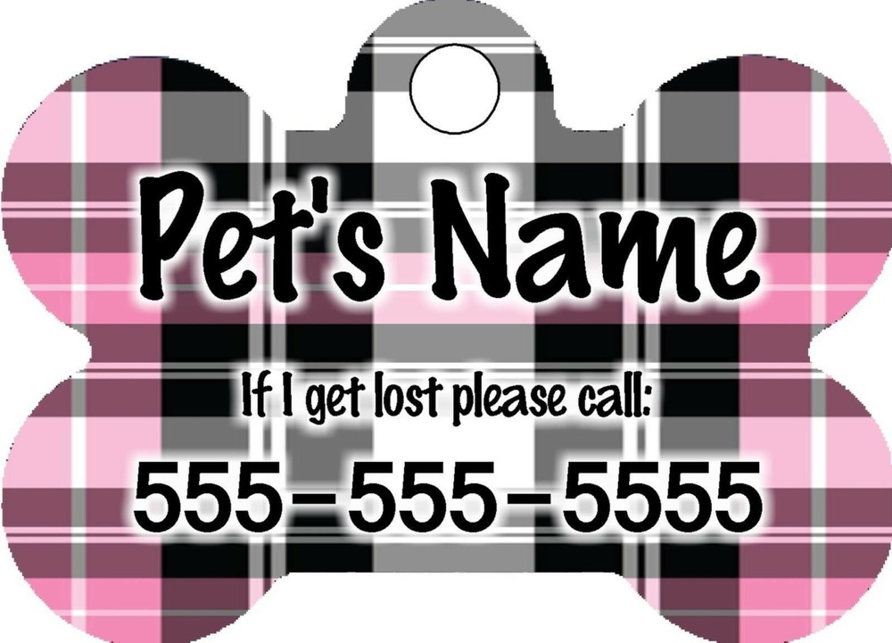 Personalized Custom Pet Tag Bone Shaped Plaid Pink Black White Design Background