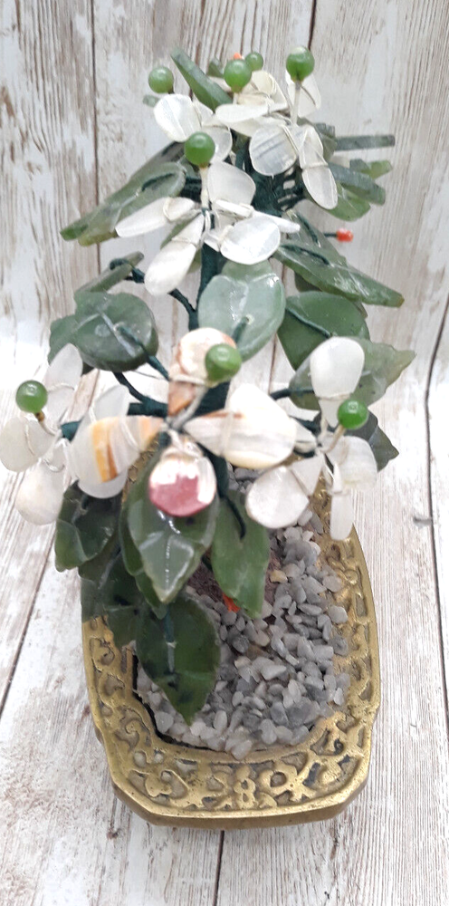 Hand Crafted Chinese Jade Bonsai Eucalyptus Tree Brass Base