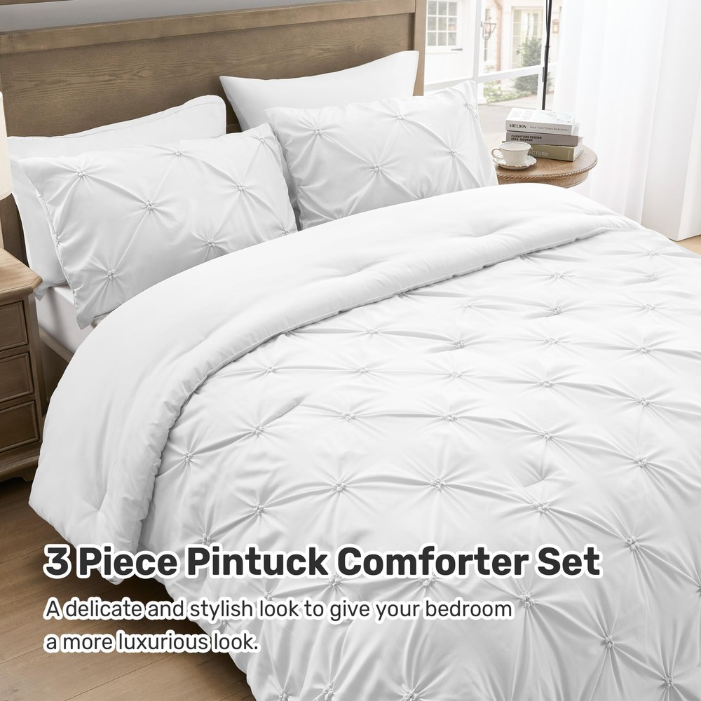 Queen Comforter Set White - Soft Fluffy Pintuck Down Alternative Bedding Set ...