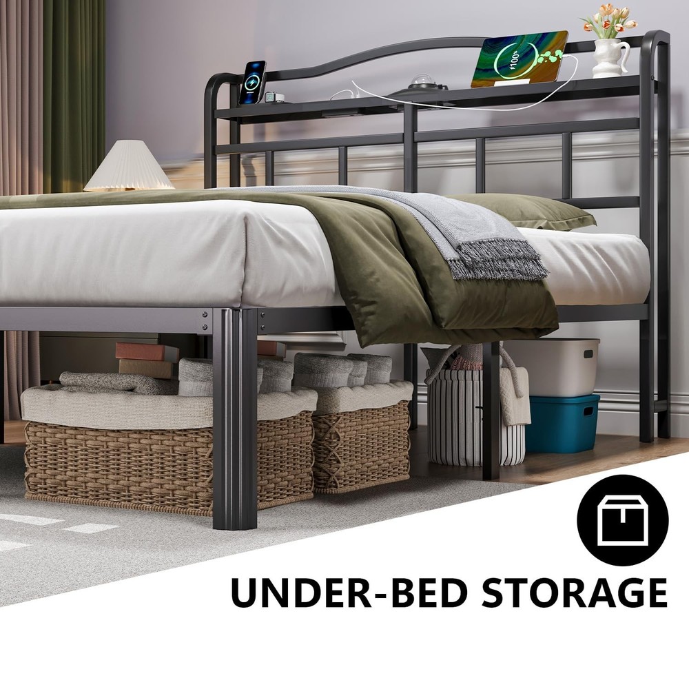 Full Bed Frame - Storage Headboard with Charging Station & Galaxy Aurora Proj...