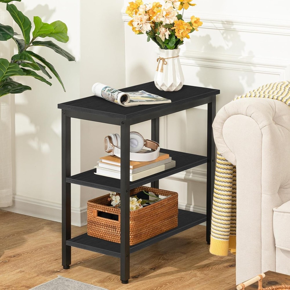 End Table Simple Rustic Side Table W/ 3-Tier Storage Shelf Narrow Nightstand
