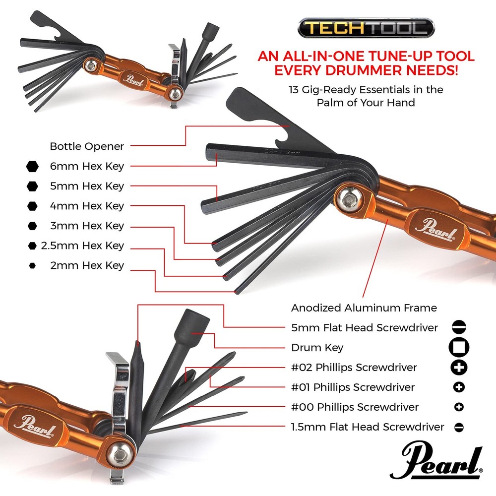 Pearl Tech Tool combination Drum Key and Drum Set Multi-Tool with five Screwdriv