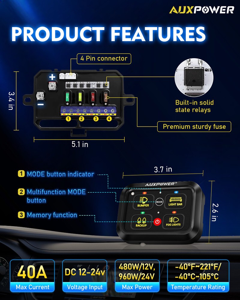 AUXPOWER RGB 4 Gang Switch Panel Toggle Touch On-Off LED Circuit Controller Box