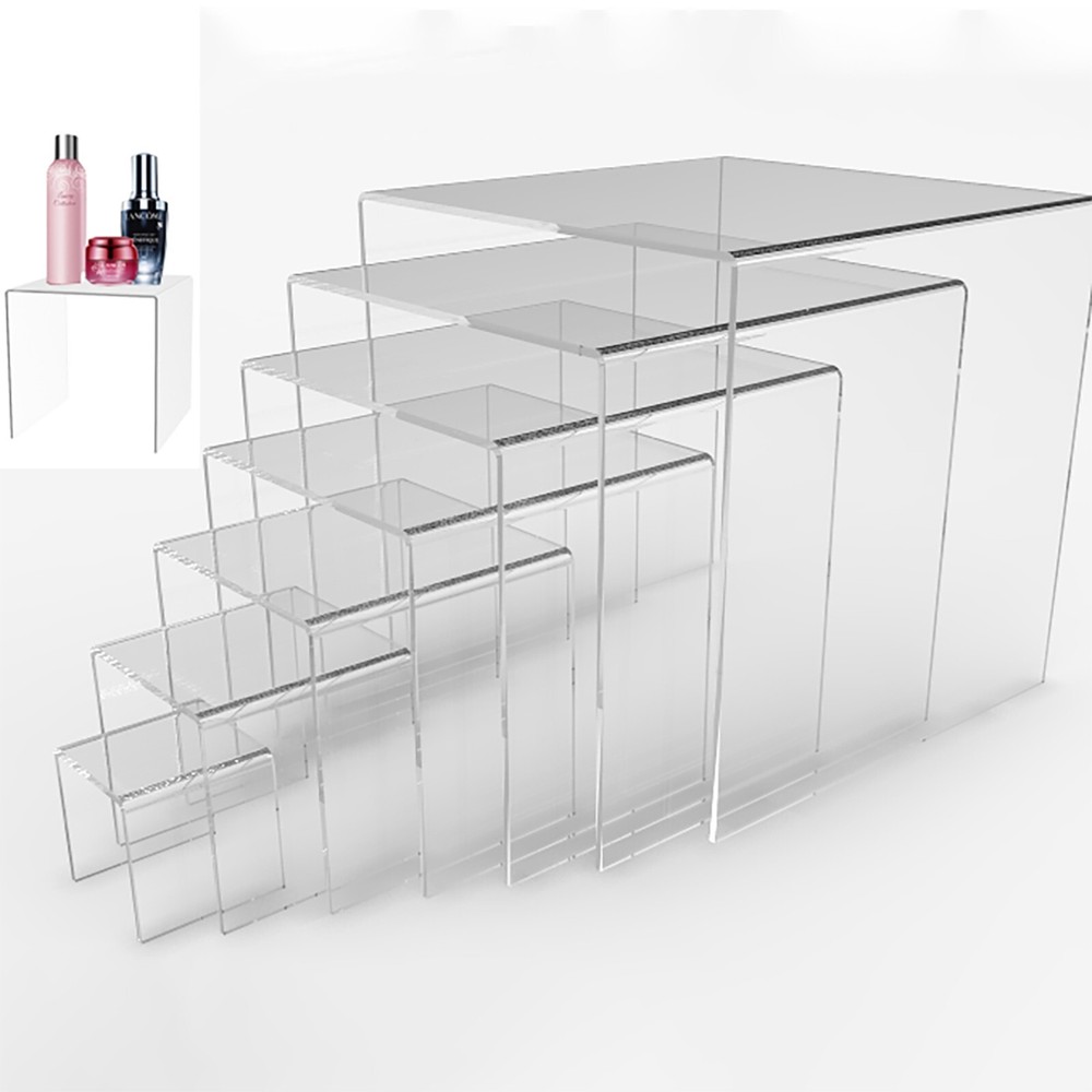 Seven Riser Combo Cube 3-Sided Blue Plexiglass Pedestal Showcase Fixtures