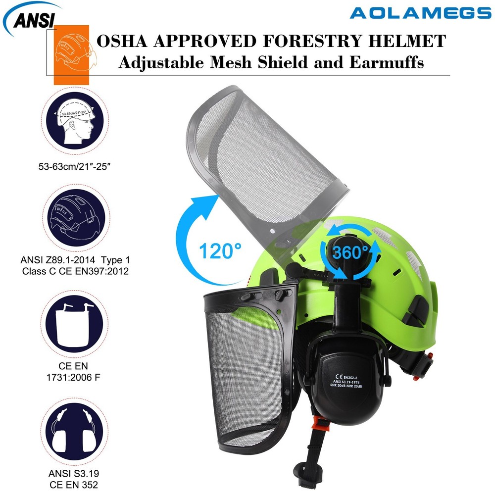 ANSI Forestry Safety Helmets with Earmuffs Face Shield Reflective Stickers ABS