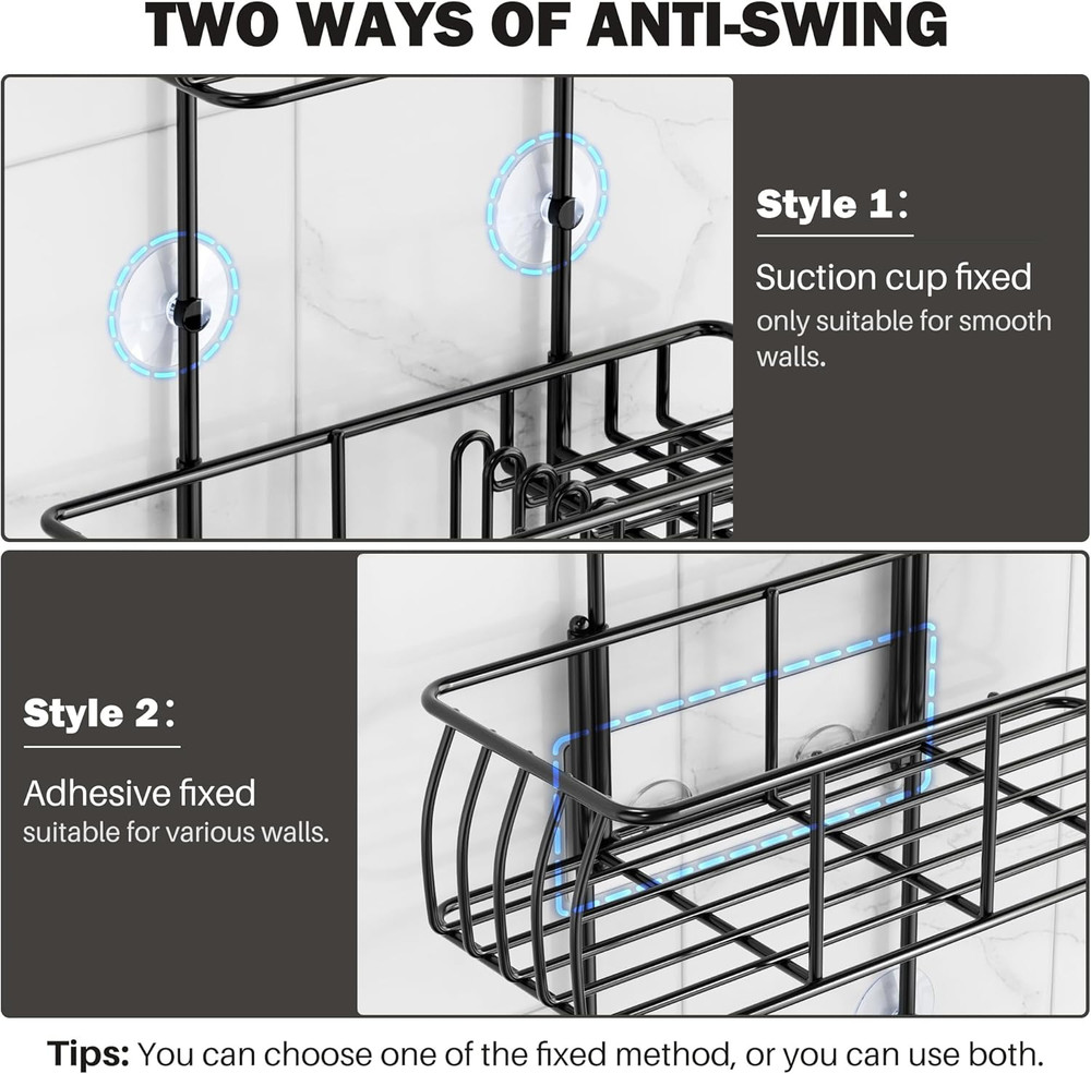Shower Caddy Hanging, Anti-Swing over Head Shower Caddy Rustproof with Hooks for