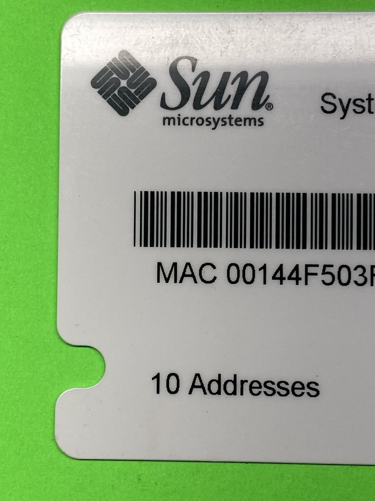 371-0795 Sun System Configuration Card w/10 MAC Addresses