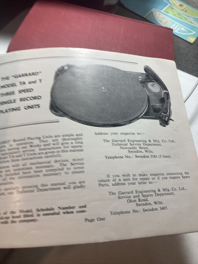 Garrard three speed single record Playing Unit Instructions Model TA And T B3f2