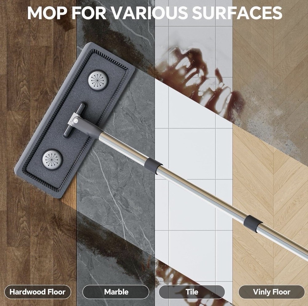 Rectangular Wet/Dry Microfiber Pad Mop with Dual-Barrel Bucket, Metal Handle