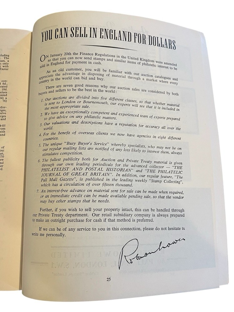 1958 Robson Lowe “Foreign” Stamp Auction Catalogue + Bid Form May 14th Sale