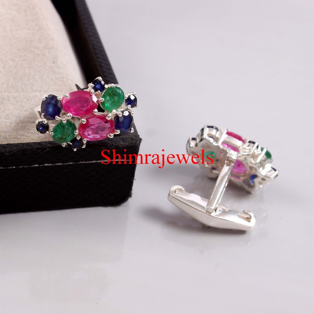 Heated Ruby & Simulated Emerald & Heated Sapphire With 925 Silver Cufflinks #710