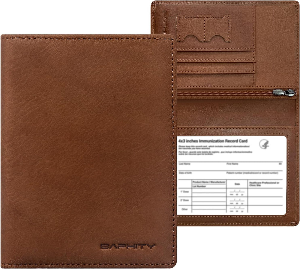 BAPHITY Genuine Leather RFID Blocking Passport Holder Wallet with Zipper Hidden
