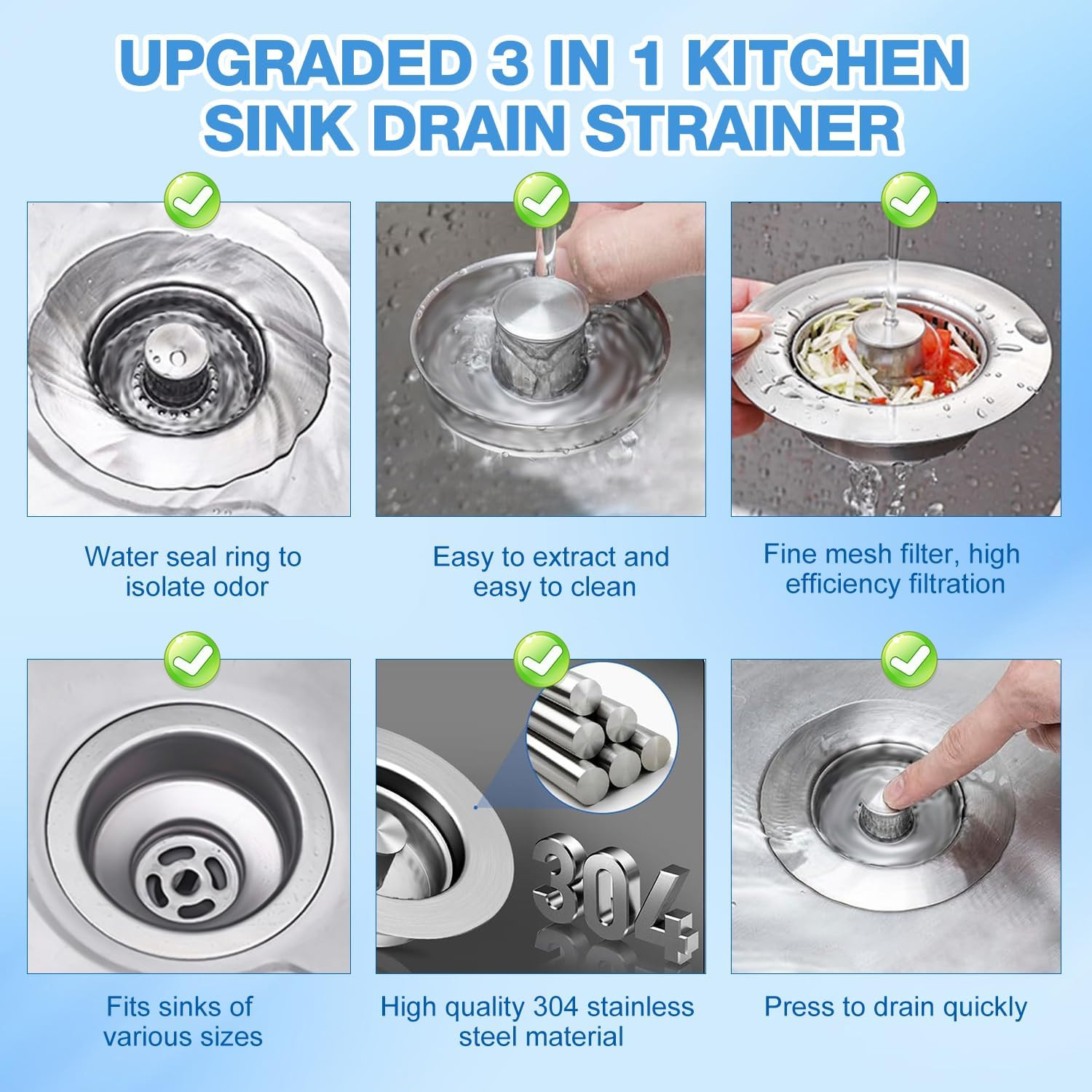 Upgraded 3 in 1 Kitchen Sink Drain Strainer Stopper,Stainless Steel Wrap Around
