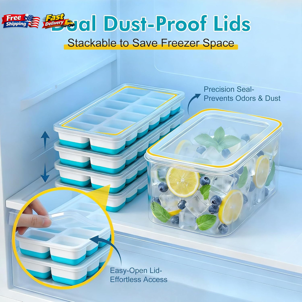 4 Pack Ice Cube Tray with Lid and Bin Silicone Trays for Freezer with Container