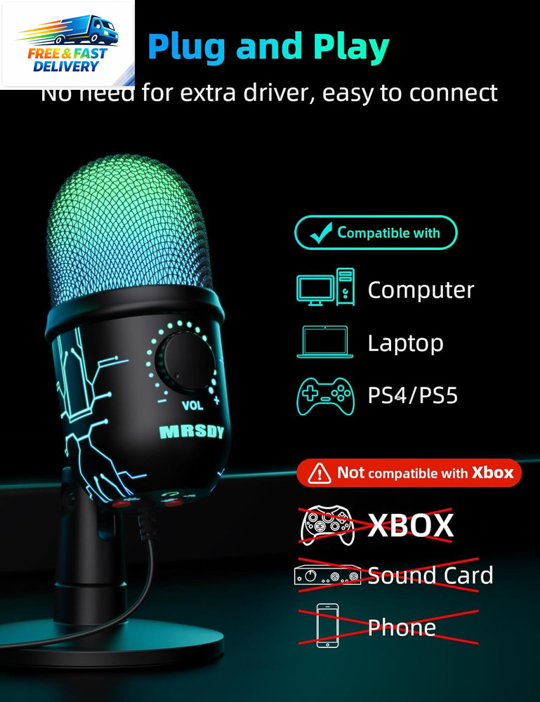 Gaming Microphone, USB Computer Microphone for PC, Mac, /5, Condenser Podcast Mi