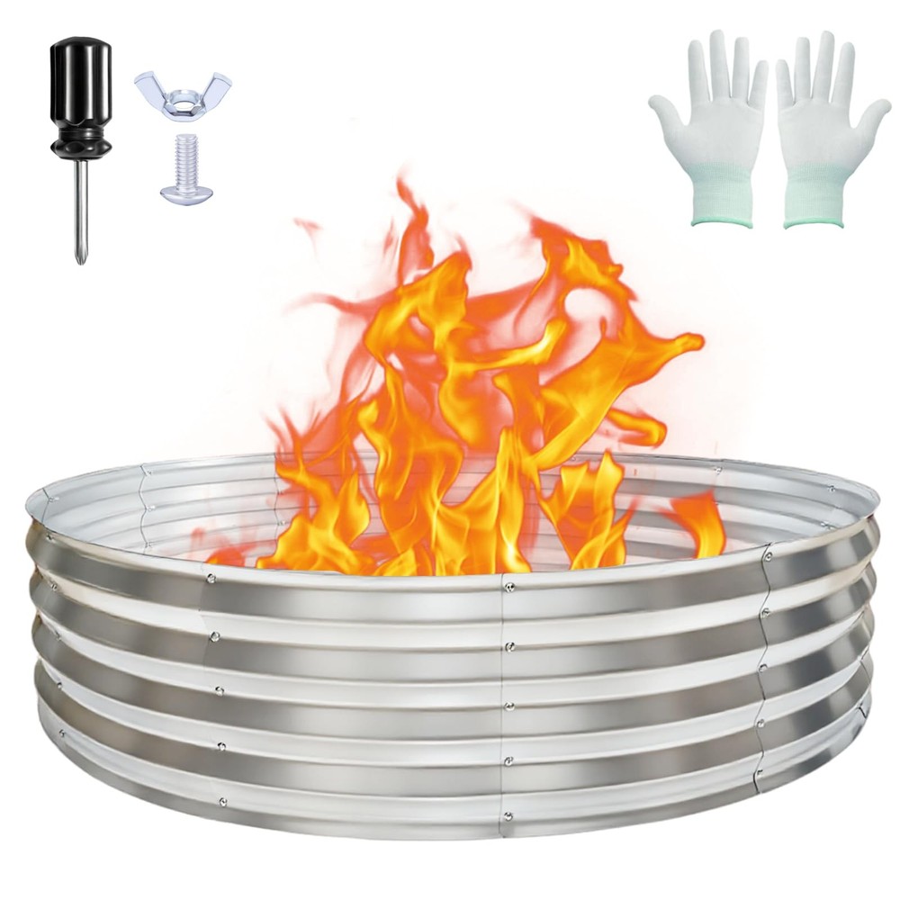 48 Inch Round Galvanized Fire Pit Ring, Durable Steel Bonfire 4FT, Silver