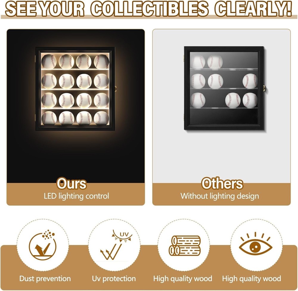 16 Baseball Display Case with LED Light Acrylic Baseball Holder for Balls UV Pro