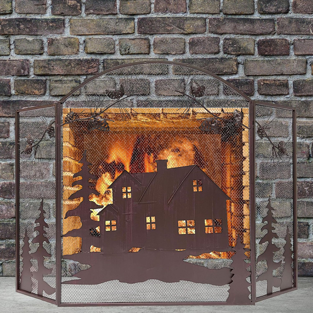 3-Panel Fireplace Screen Decorative with House Cabin Lodge Pine Cone Design - St