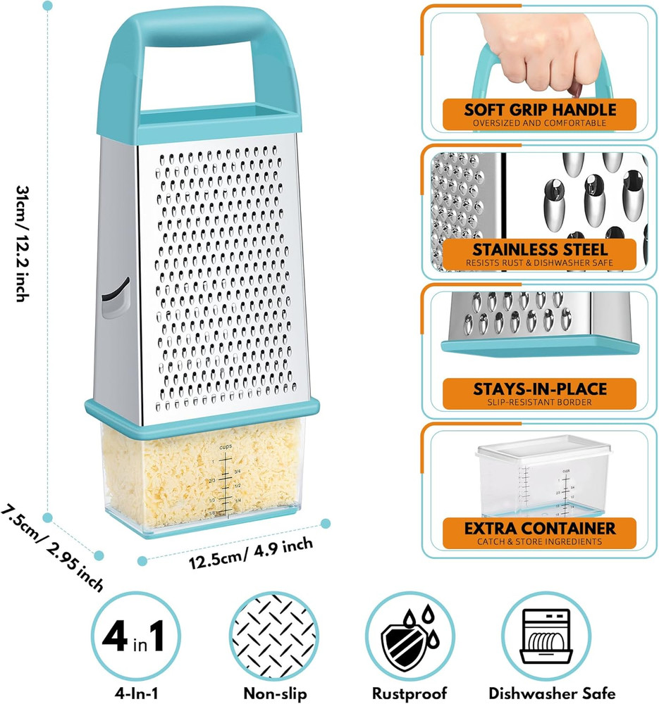 Cheese Grater with Container, Professional Cheese Grater with Handle, Stainless