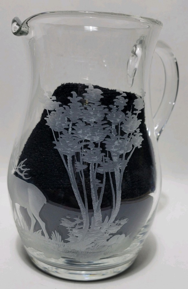 Etched Elk In Forest Crystal Pitcher